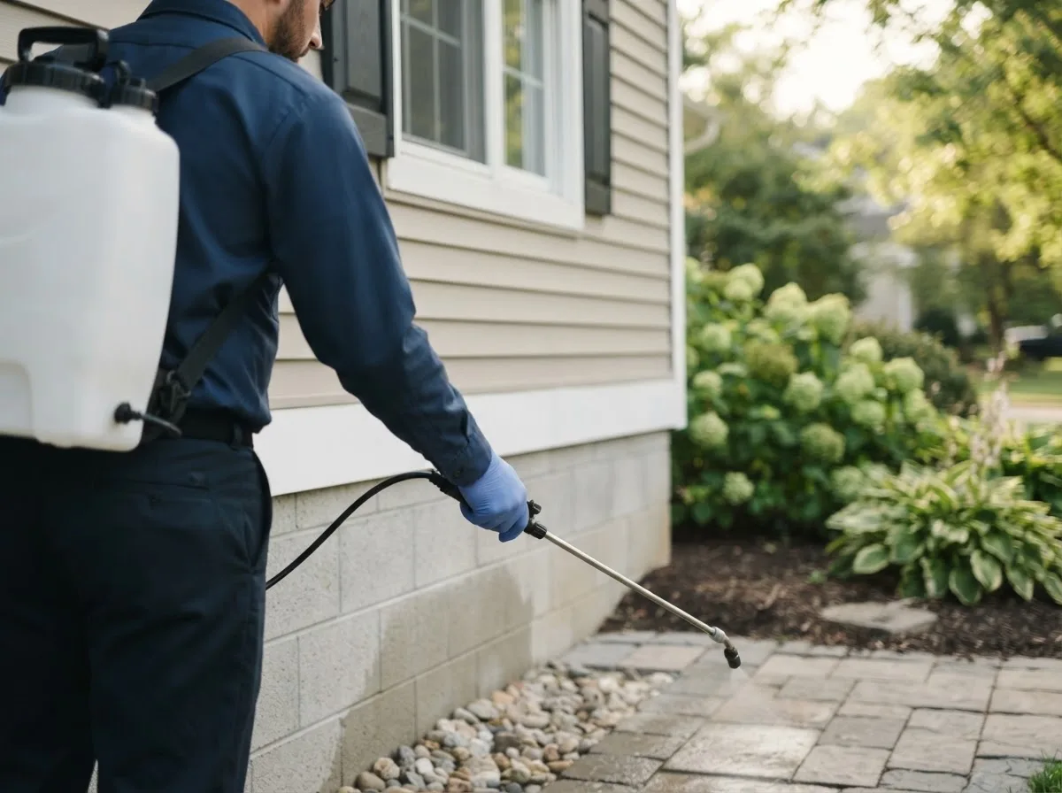 Pest control technician inspecting a home in Eagle Lake, ME